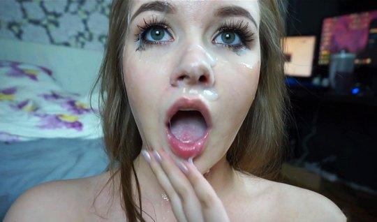Chic girl after Blowjob licks cum
