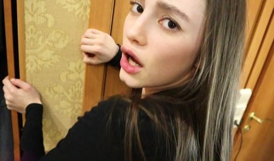 Russian beauty with elastic ass on his knees doing Blowjob guy