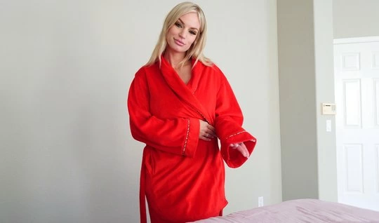 Mom in a red robe is ready to shoot POV porn and cum