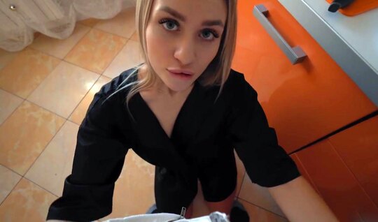 Russian blonde undresses a guy and fucks him in the first person