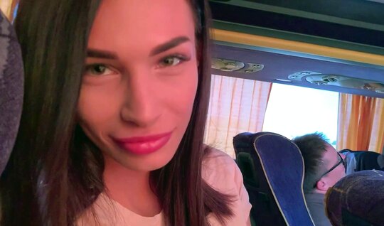 Russian bitch gives a blowjob to a guy during a bus ride