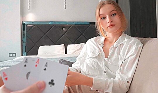 Russian blonde lost her juicy pussy in cards