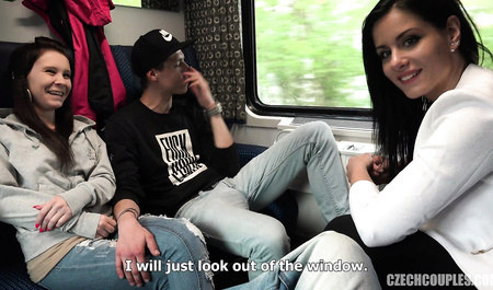 Пара свингеров занимается групповым сексом в поезде